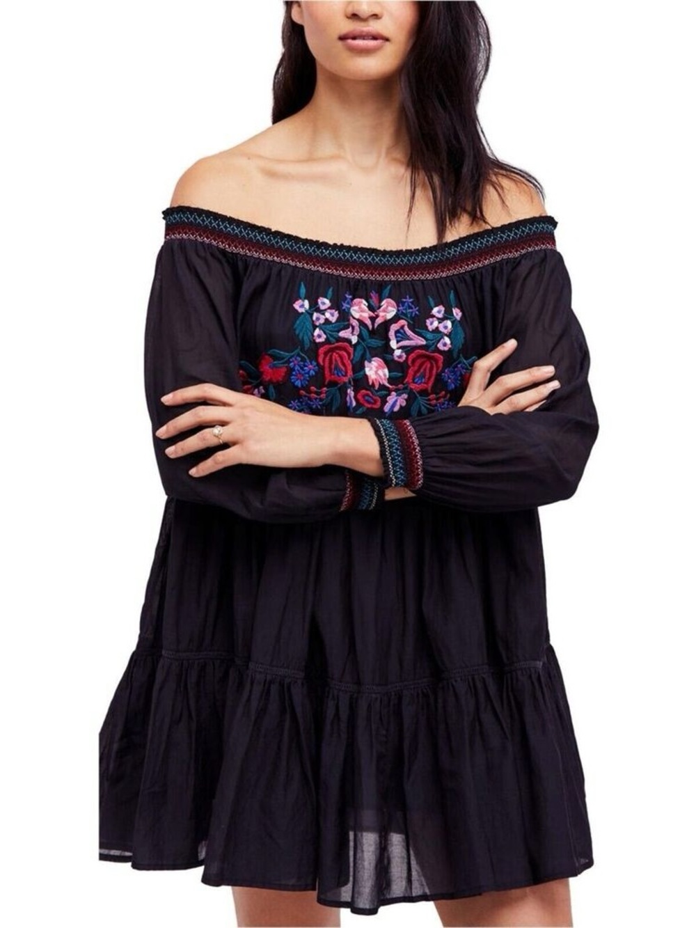 Free  People Sunbeam  Embroidered Off Shoulder Smocked Mini Dress/XS